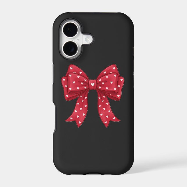 Trendy Coquette Red Ribbon Bow with White Hearts iPhone Case (Back)