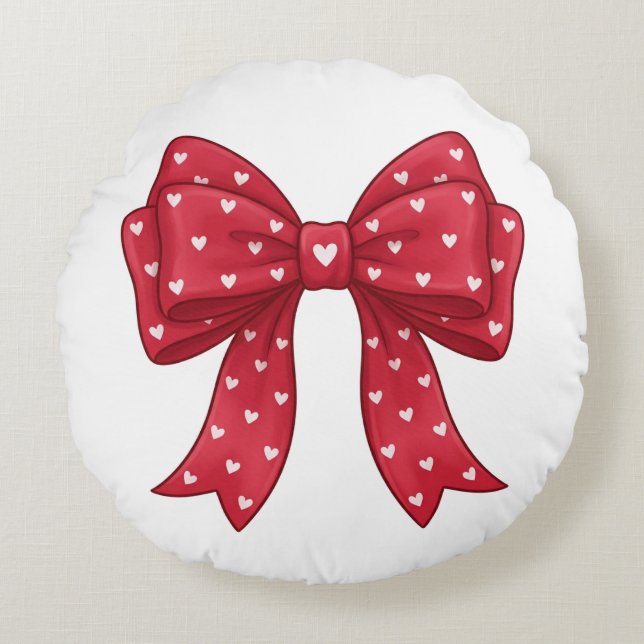 Trendy Coquette Red Ribbon Bow with White Hearts Round Pillow (Front)