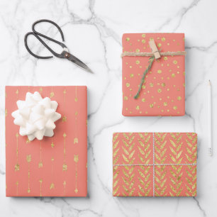 Trendy Coral and Gold Patterns Wrapping Paper Sheets
