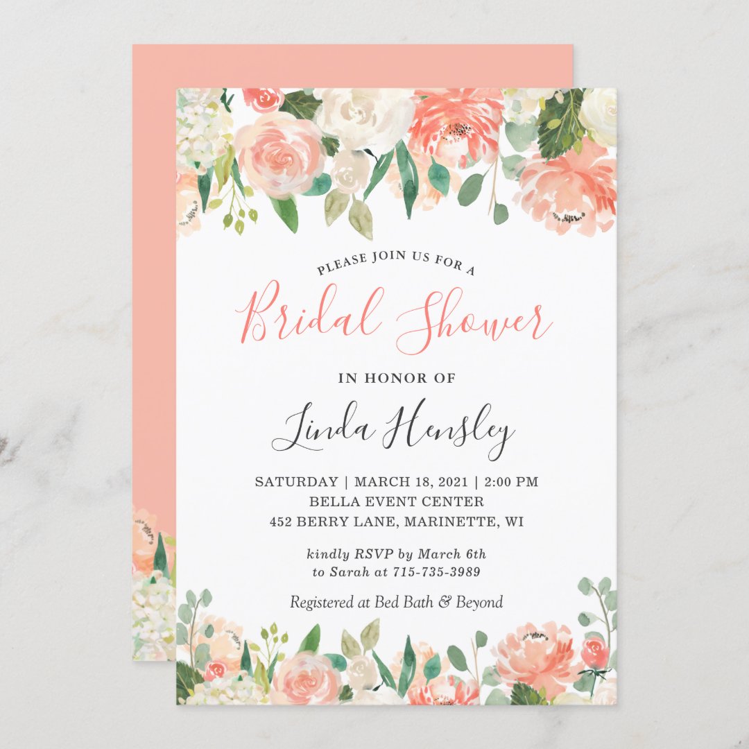 Trendy Coral and Peach Floral Bridal Shower Invitation | Zazzle