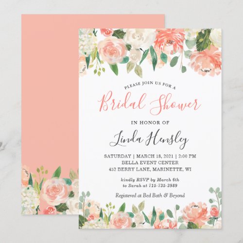 2019 Trend Coral and Peach Floral Bridal Shower Invitation
