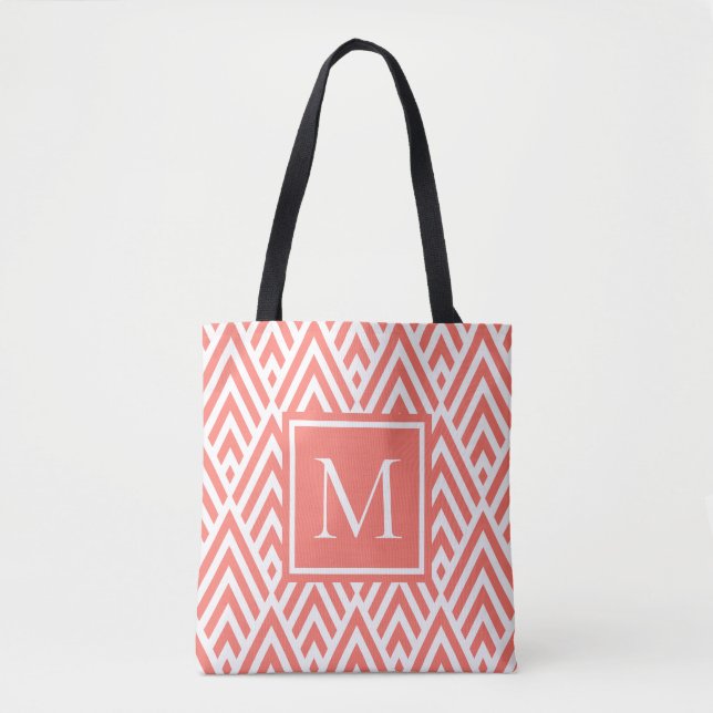 Trendy Coral Arrow Diamond Pattern With Monogram Tote Bag (Front)