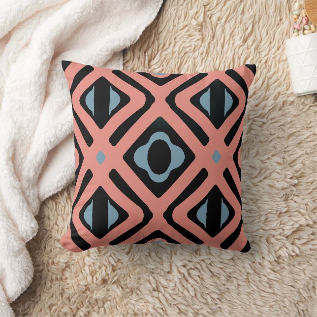 Trendy Coral Blue and Black Tribal Pattern Throw Pillow (Blanket)