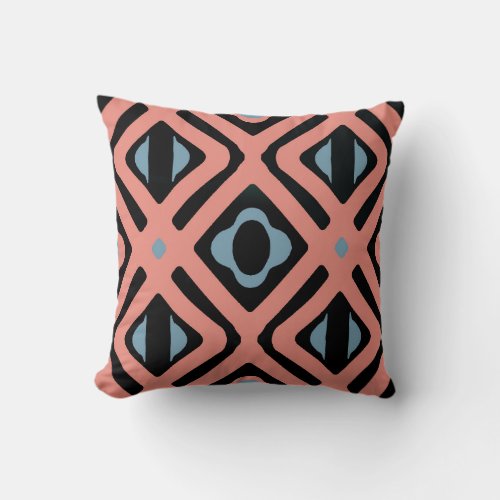 Trendy Coral Blue and Black Tribal Pattern Throw Pillow
