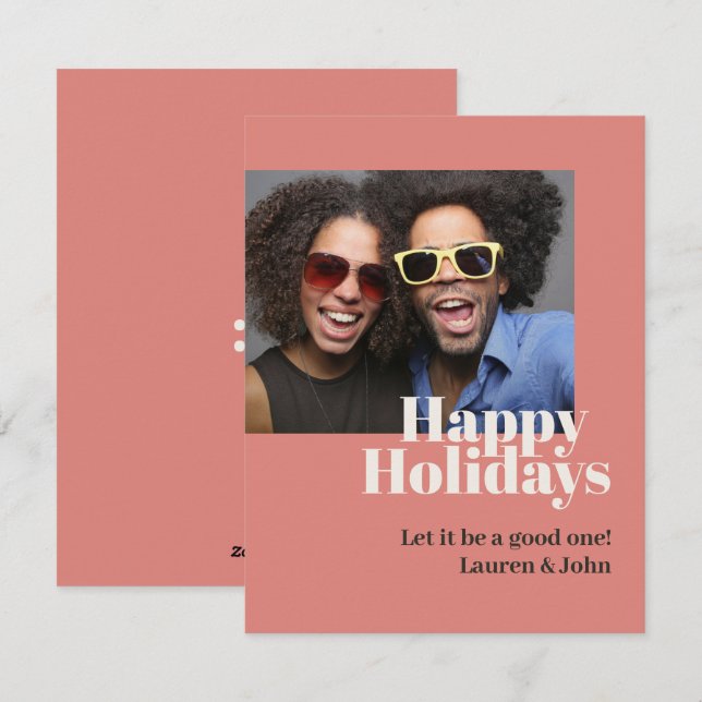 Trendy Coral Bold Script Photo  Holiday Card (Front/Back)