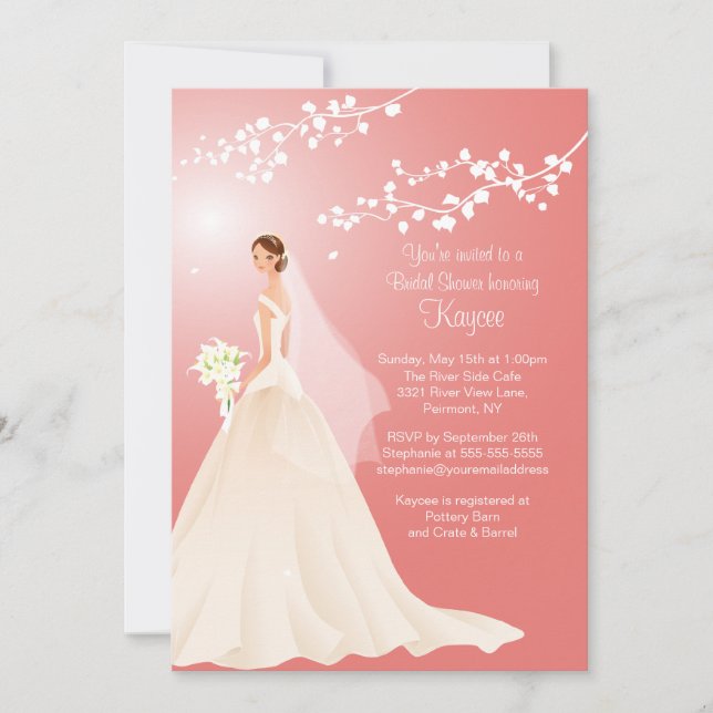 Trendy Coral BRUNETTE Bride Bridal Shower Invite (Front)