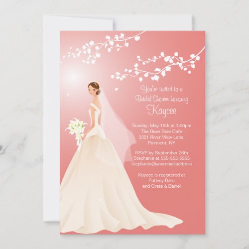 Trendy Coral BRUNETTE Bride Bridal Shower Invite