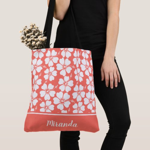 Trendy Coral Hibiscus Pattern Tote Bag
