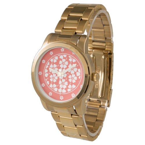 Trendy Coral Hibiscus Pattern Watch
