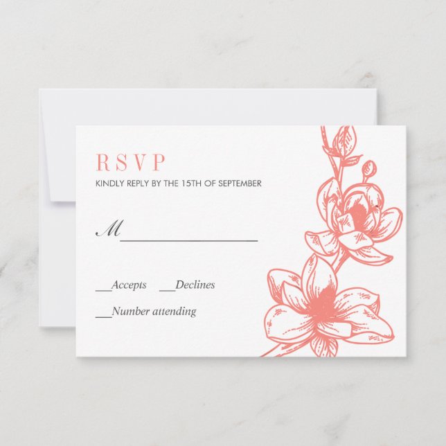 Trendy Coral Magnolia Flowers Bloom | Wedding RSVP (Front)