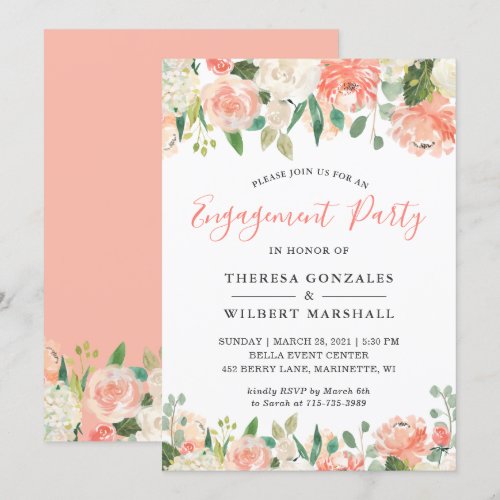 Trendy Coral Peach Floral Engagement Party Invitation