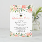 Trendy Coral Peach Floral Girl Graduation Party Invitation (Standing Front)