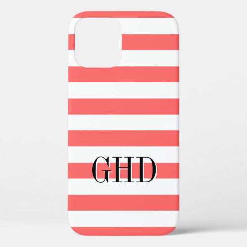 Trendy coral pink and white stripe custom monogram iPhone 12 case