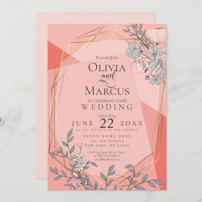 Trendy Coral Wedding Floral Geometric Gold Frame Invitation (Front/Back)