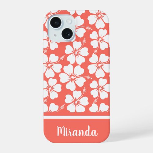 Trendy Coral White Hibiscus Pattern iPhone 15 Case