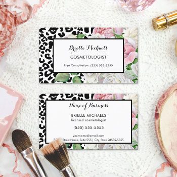 Trendy Cosmetologist Leopard Print Pink Floral Business Card by GirlyBusinessCards at Zazzle