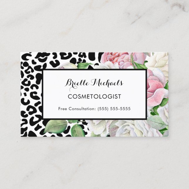 Trendy Cosmetologist Leopard Print Pink Floral Business Card (Front)