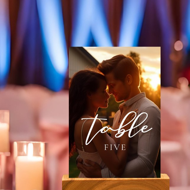 Trendy Couple Photo White Script Overlay Wedding Table Number (Creator Uploaded)
