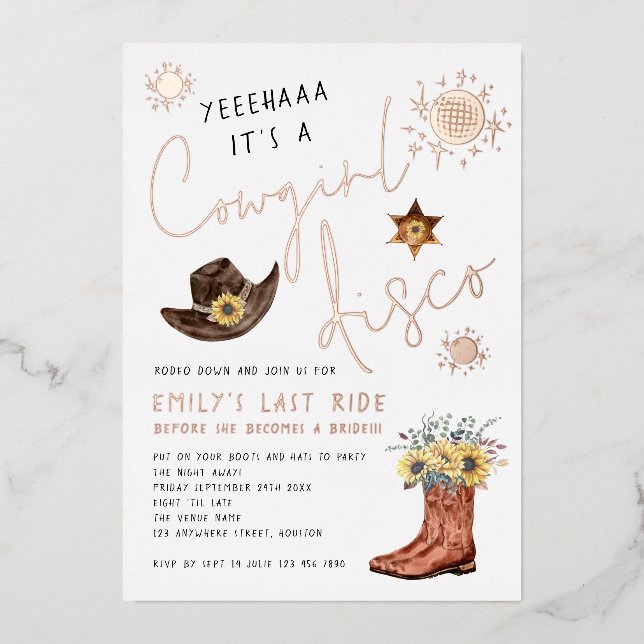 Trendy Cowgirl Disco Bachelorette Party Real Foil Invitation (Front)