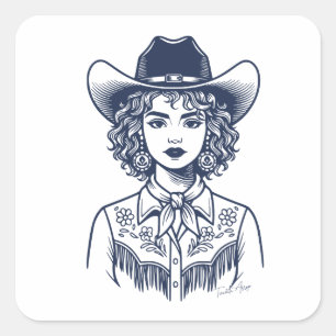 Trendy Cowgirl Western Line Art Square Sticker
