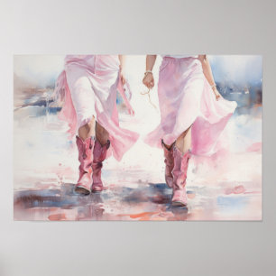 Trendy Cowgirls Boots Watercolor Walking on Beach Poster