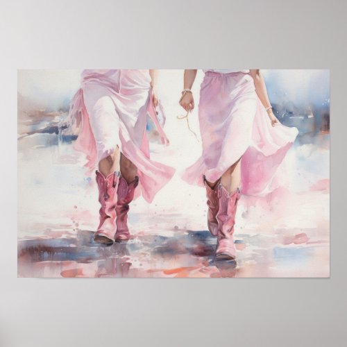 Trendy Cowgirls Boots Watercolor Walking on Beach  Poster