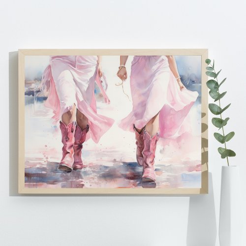 Trendy Cowgirls Boots Watercolor Walking on Beach  Poster