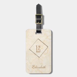 Trendy Cream Marble Texture, Monogram-Personalized Luggage Tag