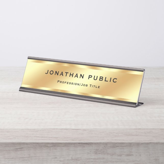Trendy Custom Elegant Template Glamorous Gold Desk Name Plate (Front)
