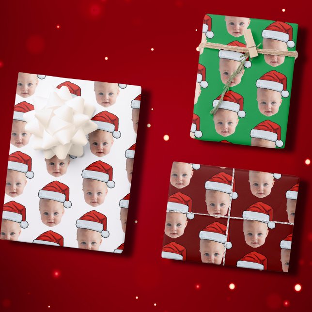Trendy Custom Face Photo Santa Hat Christmas Wrapping Paper Sheets (Creator Uploaded)