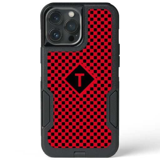 Trendy Custom Initial Red and Black Checkerboard iPhone 13 Pro Max Case
