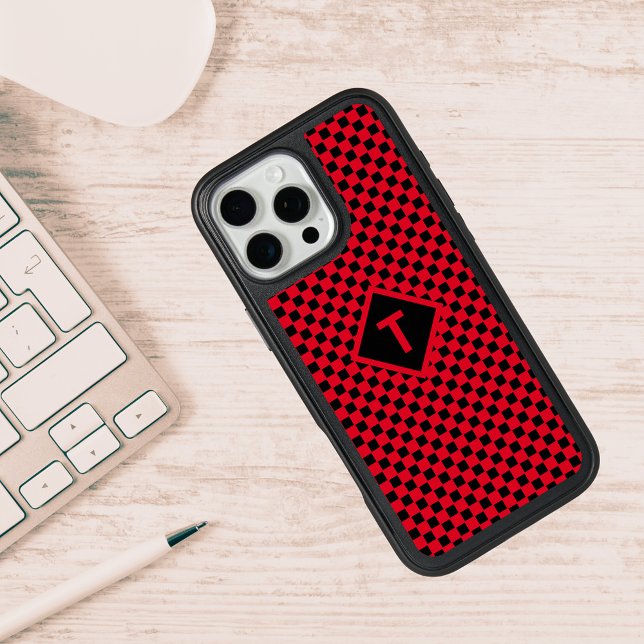 Trendy Custom Initial Red and Black Checkerboard Otterbox iPhone Case (Trendy Custom Initial Red and Black Checkerboard Otterbox iPhone Case)