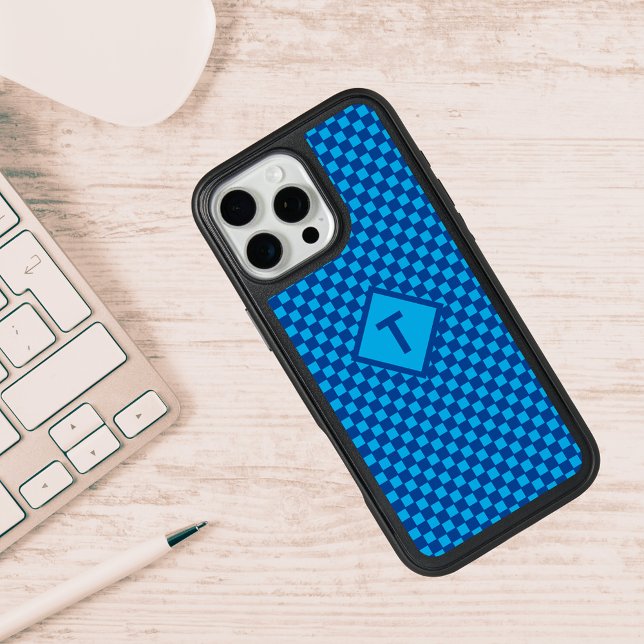Trendy Custom Initial Shades of Blue Checkerboard Otterbox iPhone Case (Trendy Custom Initial Shades of Blue Checkerboard Otterbox iPhone Case)