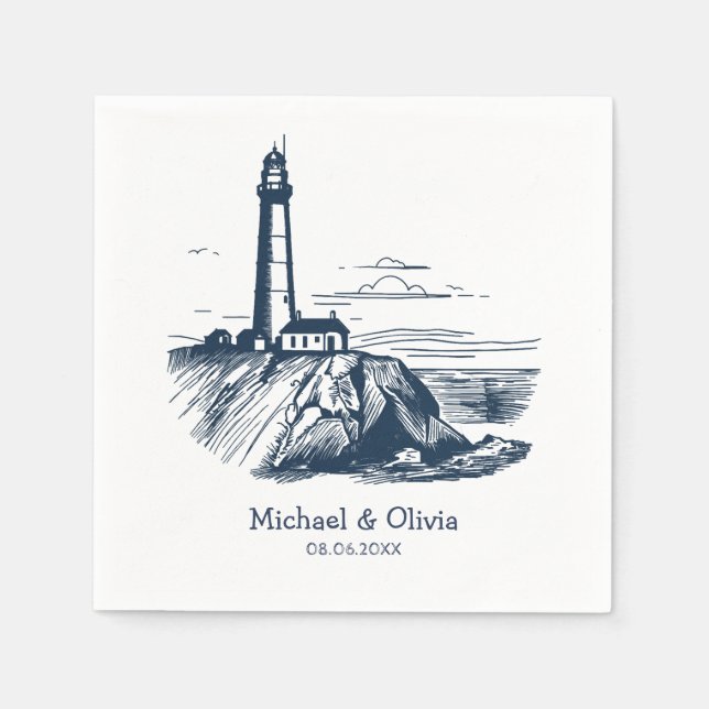 Trendy Custom Nautical Seaside Lighthouse Wedding  Napkins (Front)