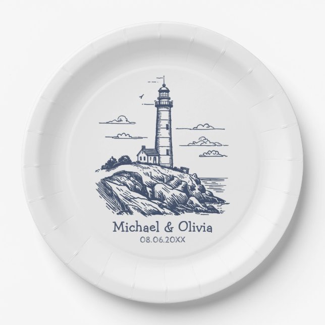 Trendy Custom Nautical Seaside Lighthouse Wedding Paper Plates (Front)