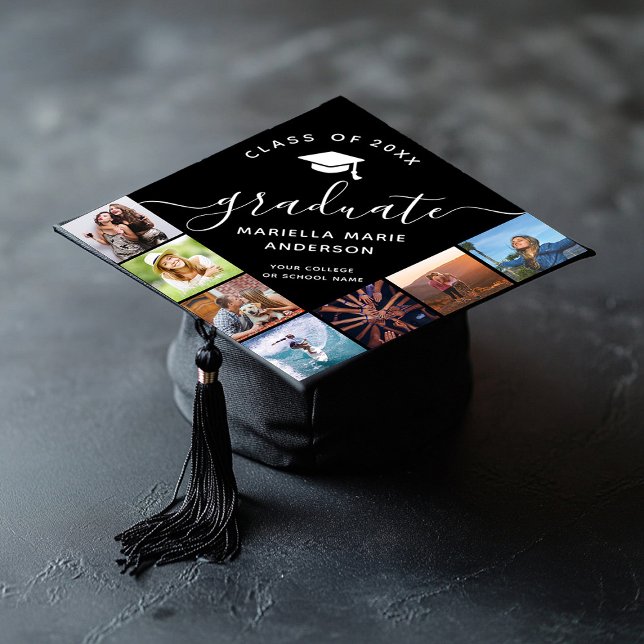 Trendy Custom Photo Collage Cute Script Black Graduation Cap Topper (Graduation cap with personalized design; features "Class of 20XX" text, graduate's name, school name)