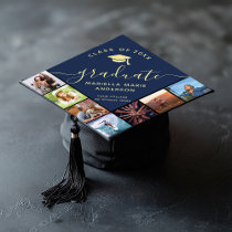 Trendy Custom Photo Collage Cute Script Blue  Graduation Cap Topper