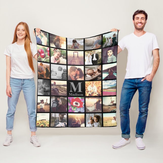 Trendy custom photo grid with monogram fleece blanket (In Situ)