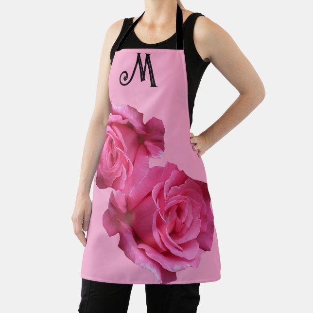 Trendy customizable M name pink rose flower floral Apron (Insitu)