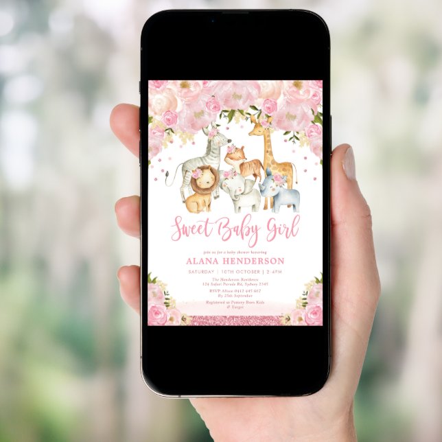Trendy Cute Baby Girl Safari Jungle Animals Shower Invitation (Front Digital)