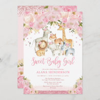 Trendy Cute Baby Girl Safari Jungle Animals Shower Invitation