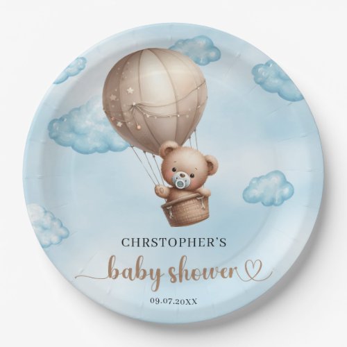 Trendy cute brown baby teddy bear hot air balloon paper plates