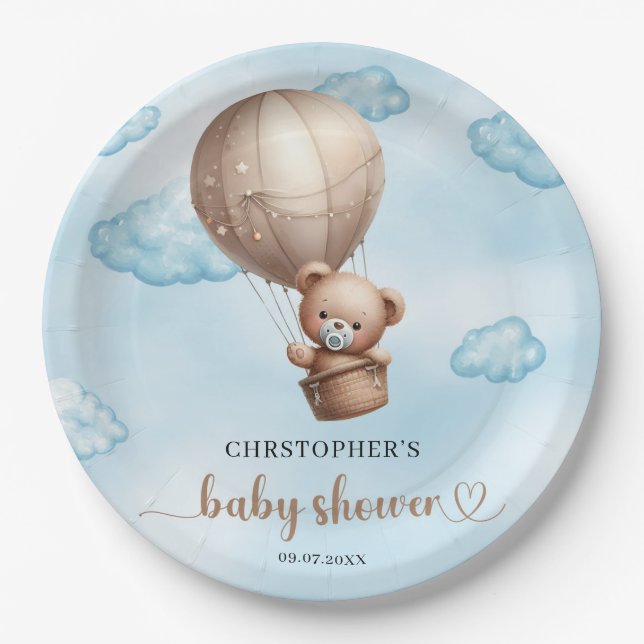 Trendy cute brown baby teddy bear hot air balloon paper plates (Front)