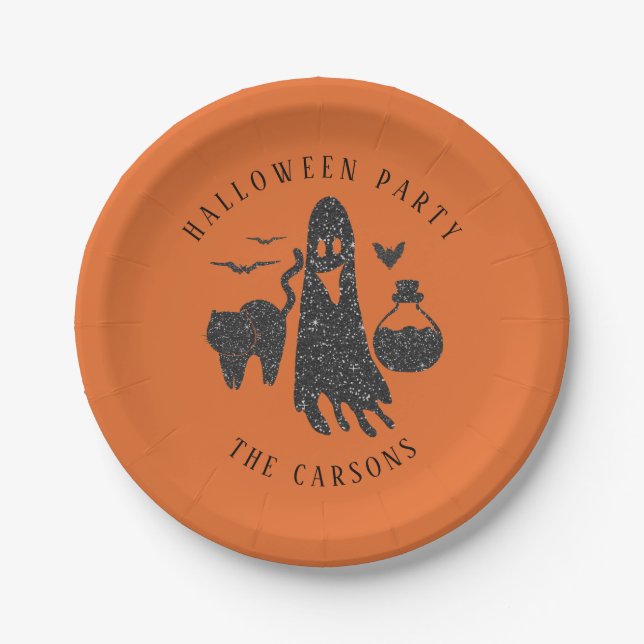 Trendy Cute Cat Ghost Poison Bottle Bats Halloween Paper Plates (Front)