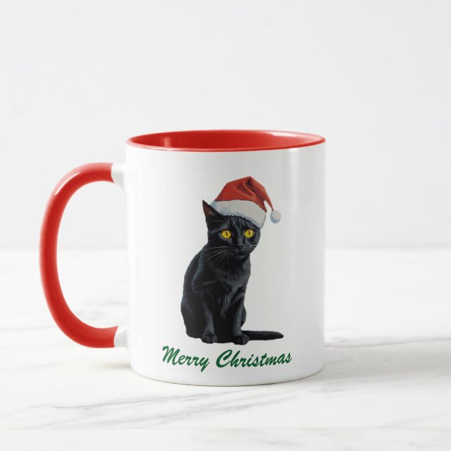 Trendy Cute Christmas Black Cat in Santa Hat       Mug (Left)
