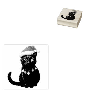 Trendy Cute Christmas Black Cat in Santa Hat Rubber Stamp