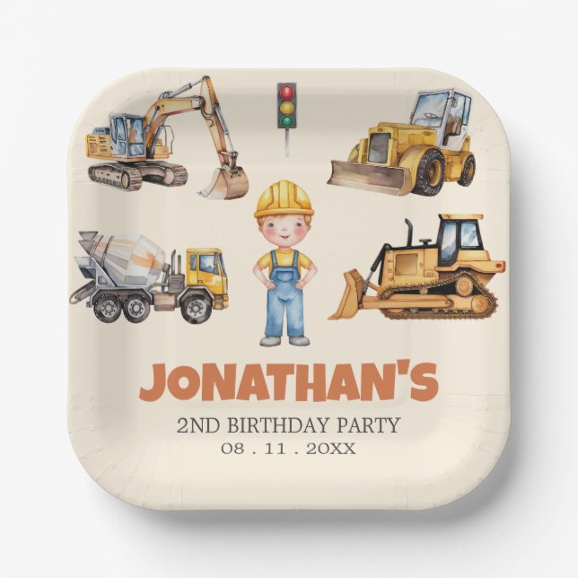 Trendy Cute construction vehicles Birthday Party   Paper Plates (Front)