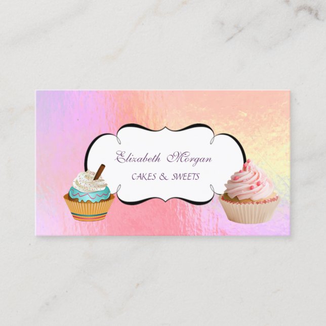 Trendy Cute Cupcake Bakery Colorful Holographic  Business Card (Front)