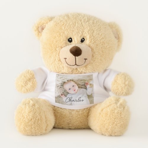 Trendy Cute Elegant Script Name Baby Photo  Name  Teddy Bear