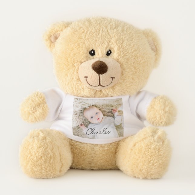Trendy Cute Elegant Script Name Baby Photo & Name  Teddy Bear (Front)